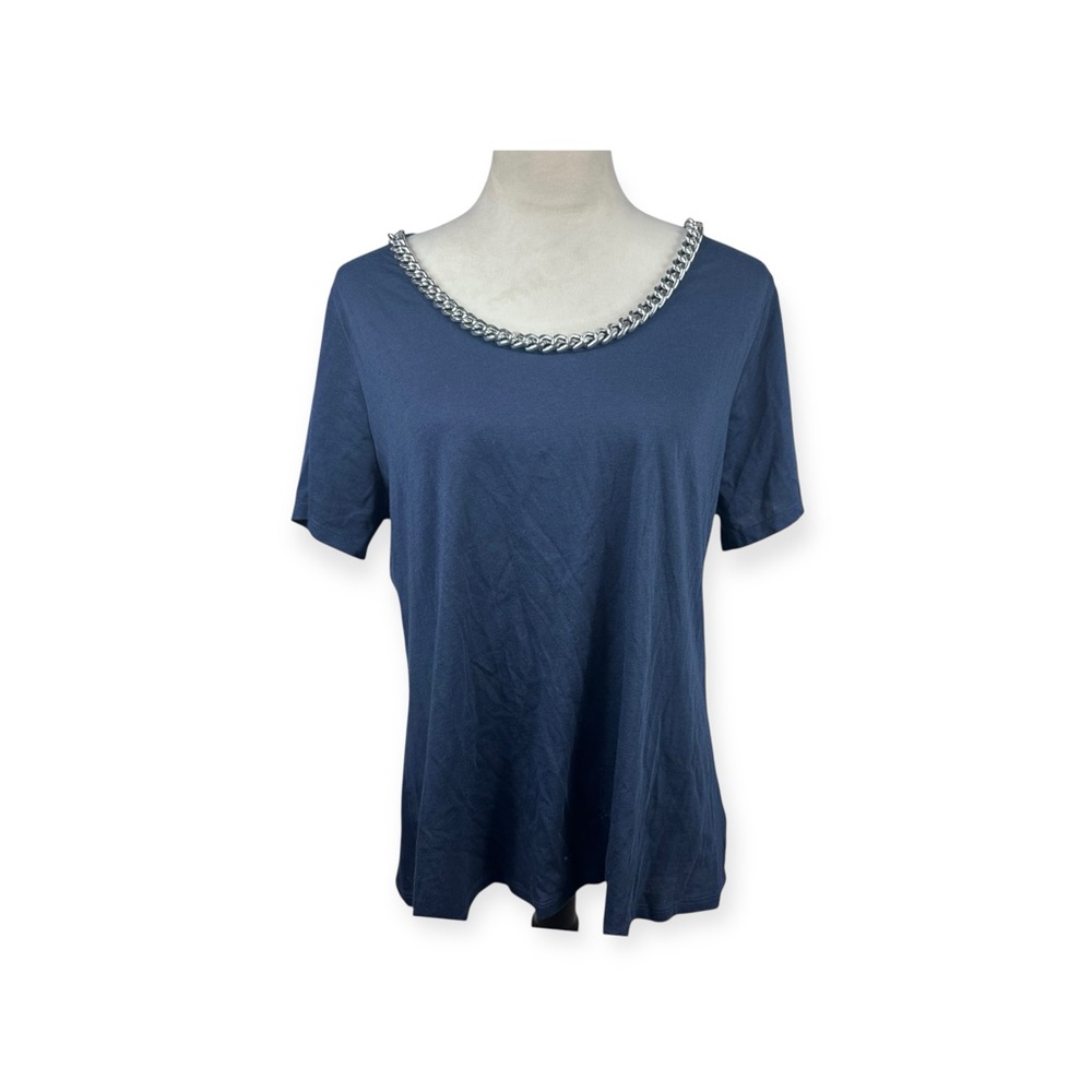 Michael Kors navy short sleeve top with silver chain at neckline size XL